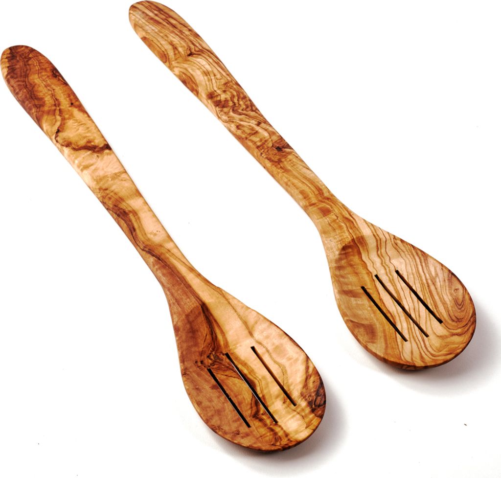 2er Set Löffel aus Olivenholz mit Schlitz, runder Kopf 35 cm