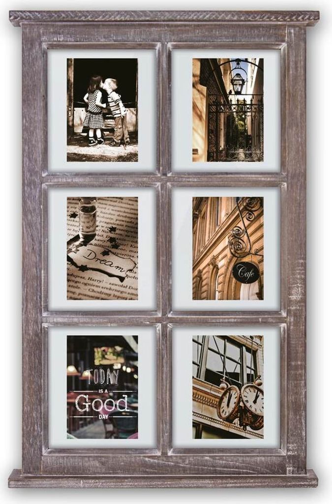 A vintage-style wooden picture frame with six photo inserts, displaying various scenes and text.