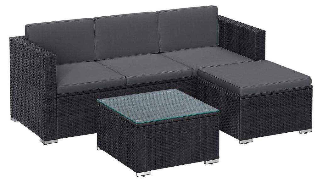 Garten Loungeset - Balkonmöbel aus handgeflochtenem Rattan - 5-teiliges Set - Ecksofa, Hocker, Couchtisch - 7 Kissen - Schwarz-Grau
