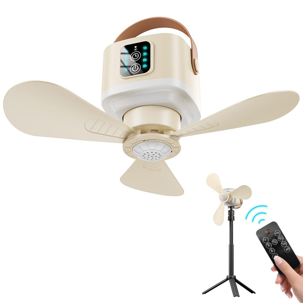 24cm Tragbare Deckenventilator mit Licht Aufladbar 7200mAh 4 Windgeschwindigkeiten mit Fernbedienung und Halterung für Camping Zelte Wohnmobile