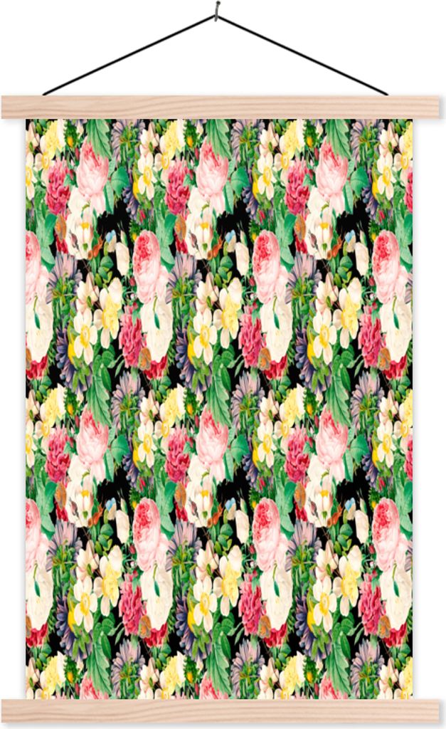 MuchoWow Textilposter Blumen - Collage - Farben 60x90 cm mit holzfarbenen Rahmen - Textil