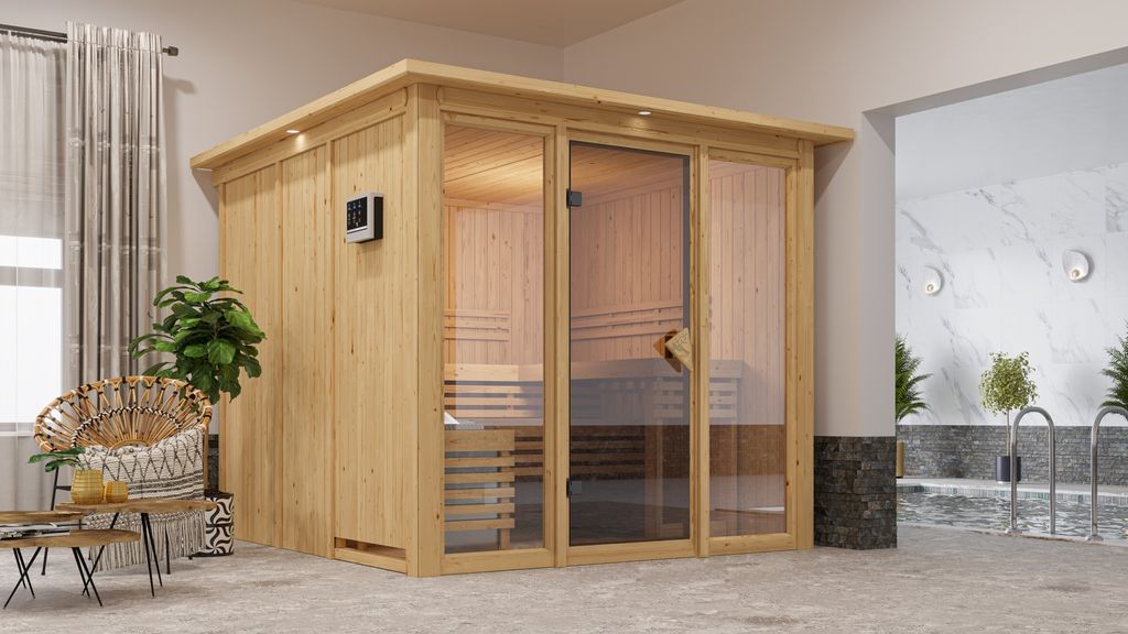 Karibu Sauna Innensauna Askja Fronteinstieg Ofen 9 KW externe Strg easy 240x248x202 cm mit Dachkranz