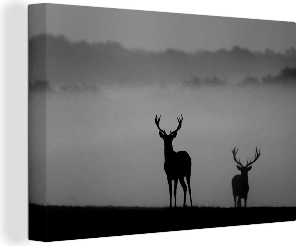 OneMillionCanvasses - Leinwandbilder - 150x100 cm, Silhouetten von Rotwild - schwarz und weiß, Wandbilder Kunstdruck Wanddekoration