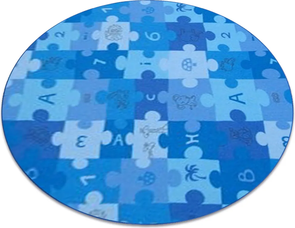 Tapis enfant PUZZLES bleu cercle 100 cm - Revêtement sol chambre bébé