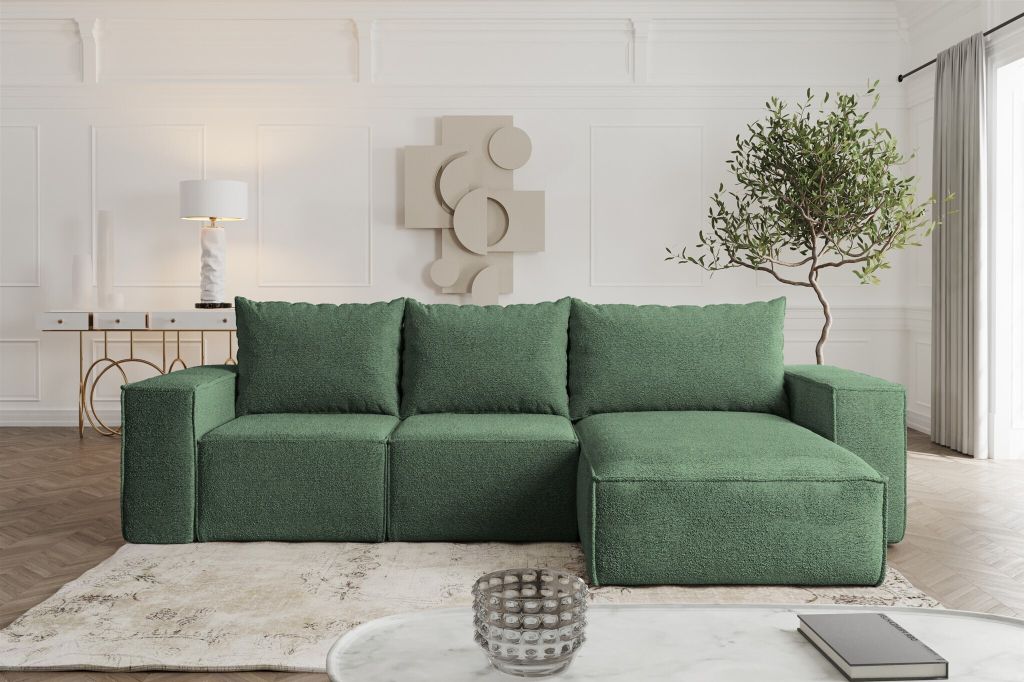 Ecksofa Sofa mit Schlaffunktion ESTELLE in Stoff Abriamo Grün Ottomane Rechts