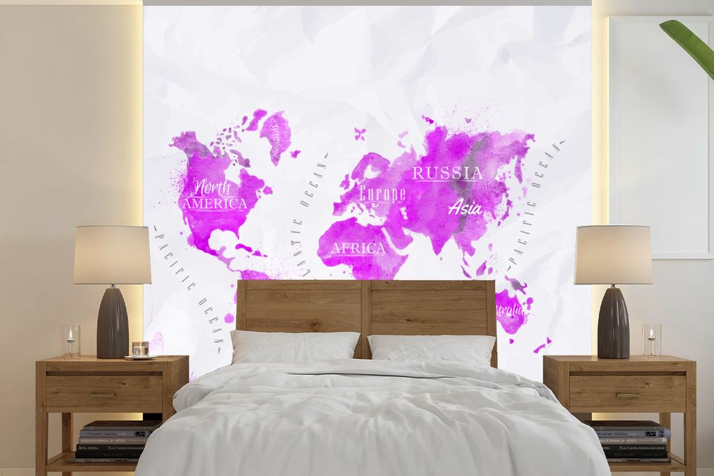 MuchoWow Fototapete für Wohnzimmer oder Schlafzimmer Wandtapete Vinyl Motivtapete Weltkarte - Rosa - Abstrakt - 240x240 cm - Schlafzimmer-Tapete