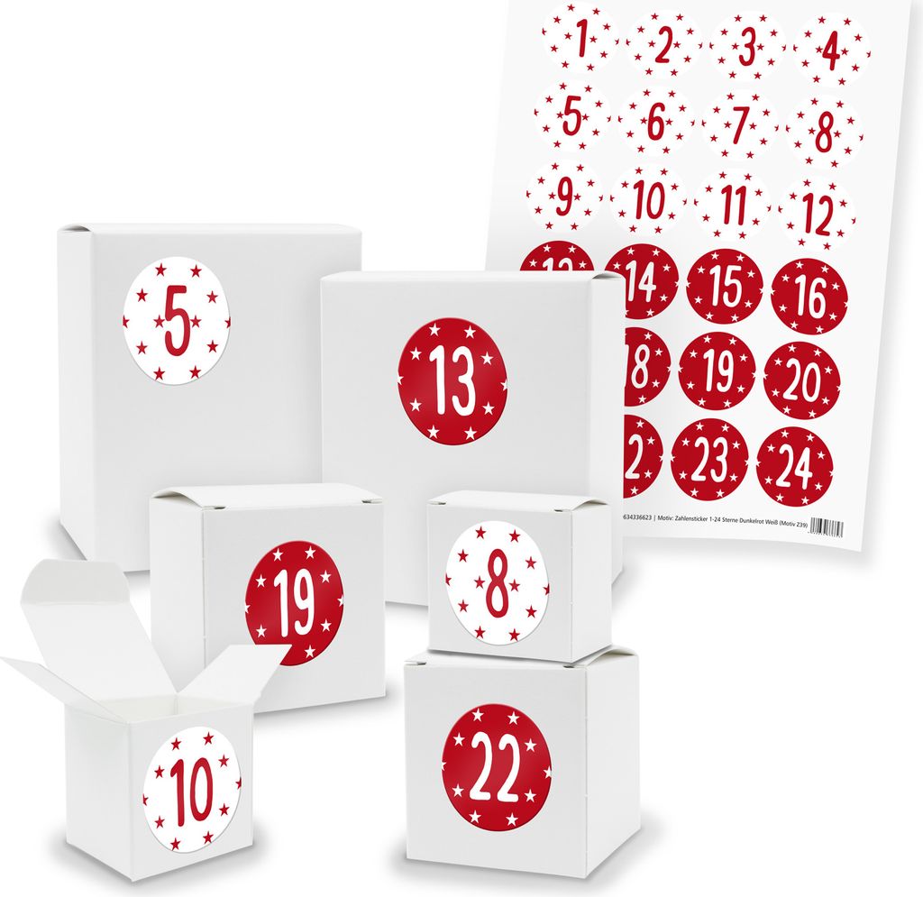 Adventskalender zum Füllen 24x Quader Würfel gemischt WEISS + Sticker (V01 Z39)