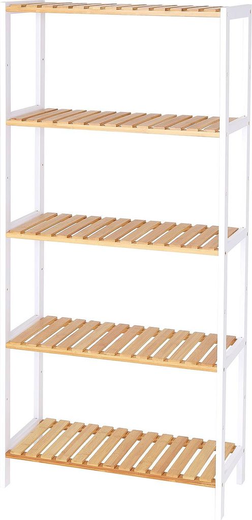 dibea Regal aus Bambus, 5 Ablagen höhenverstellbar, stabil & langlebig, Bücher-, Bad- oder Küchenregal, 60x26x130 cm, natur/weiß