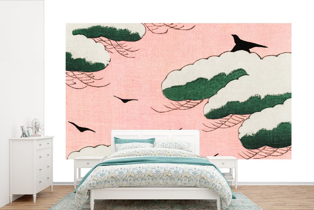 MuchoWow Fototapete für Wohnzimmer oder Schlafzimmer Wandtapete Vinyl Motivtapete Wolken - Vogel - Retro - Japanisch - Skandinavisch - 600x400 c...