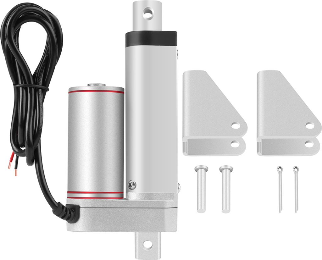 A linear electric actuator with accessories, including mounting brackets and pins, is displayed against a white background.