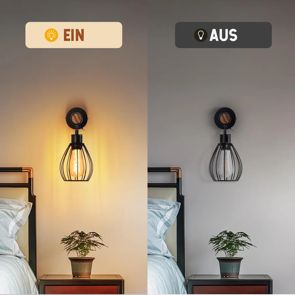 Applique Industriale ZMH con Interruttore - Lampada Letto Legno E27 - 3