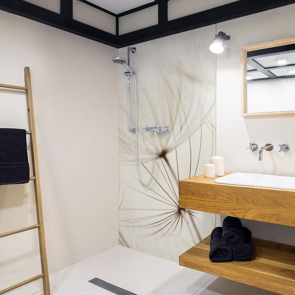 Duschrückwand mit Motiv selbstklebend - 0.61 mm Wandpaneel wasserfest Gräser weiss Motiv Badrückwand fugenlos Premium matt 90x200 cm
