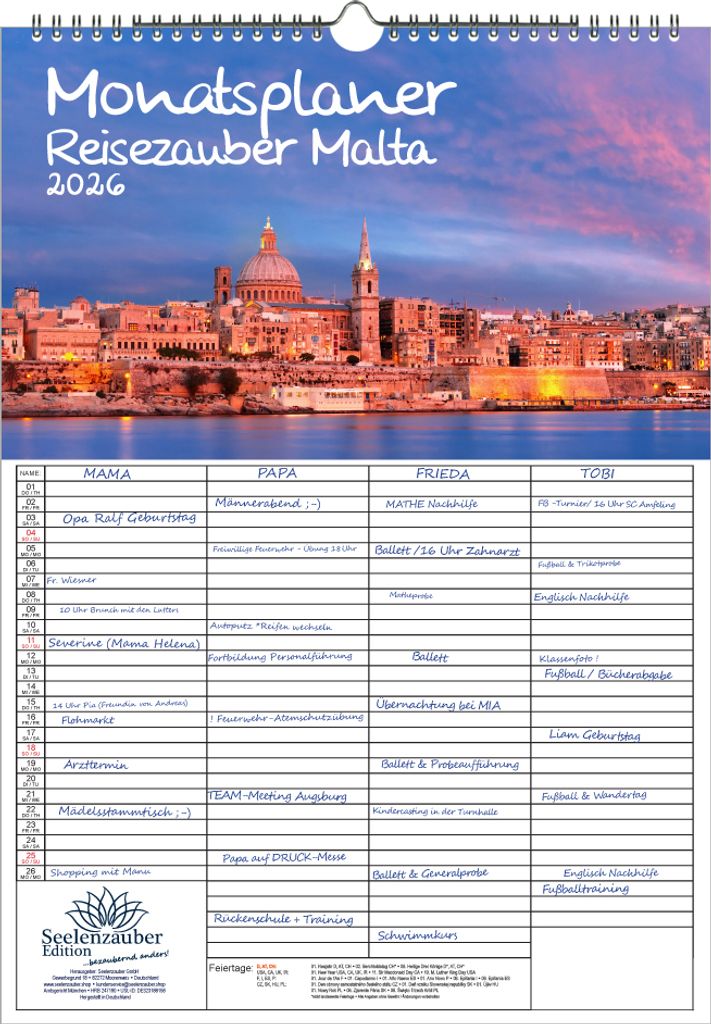 Reisezauber Malta Planer Familienplaner 4 Spaltenplaner DIN A3 Kalender für 2026 Mittelmeer Stadt und Land - Seelenzauber