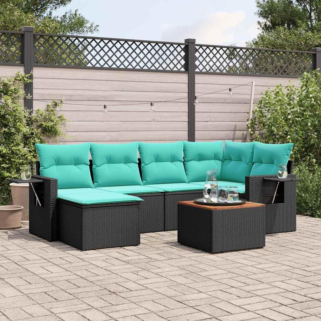 Maison Exclusive - 7-teiliges Gartensofa-Set mit Kissen, schwarzes Polyrattan