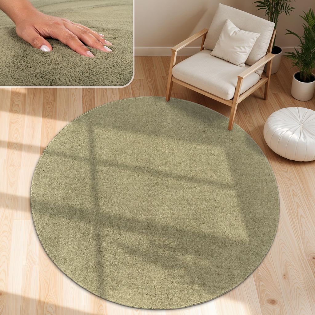 Moderner Wohnzimmer Teppich Kurzflor Waschbar Weich Felloptik Anti-Rutsch Grösse 120 cm Rund