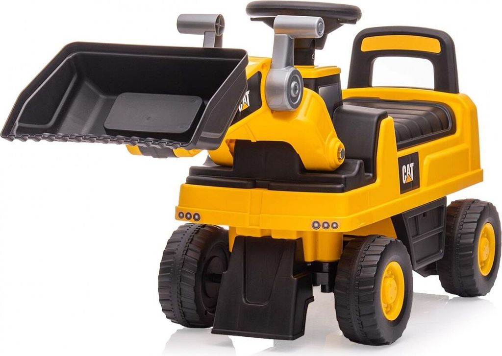 A yellow toy construction vehicle with a black bucket and seat, shown from a three-quarter front-facing angle against a white background.