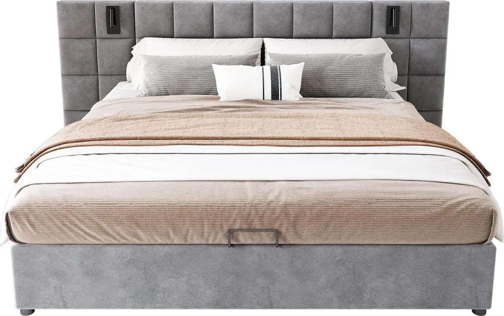 Lit 160 x 200cm gris idéal pour ranger vos couettes avec prise USB