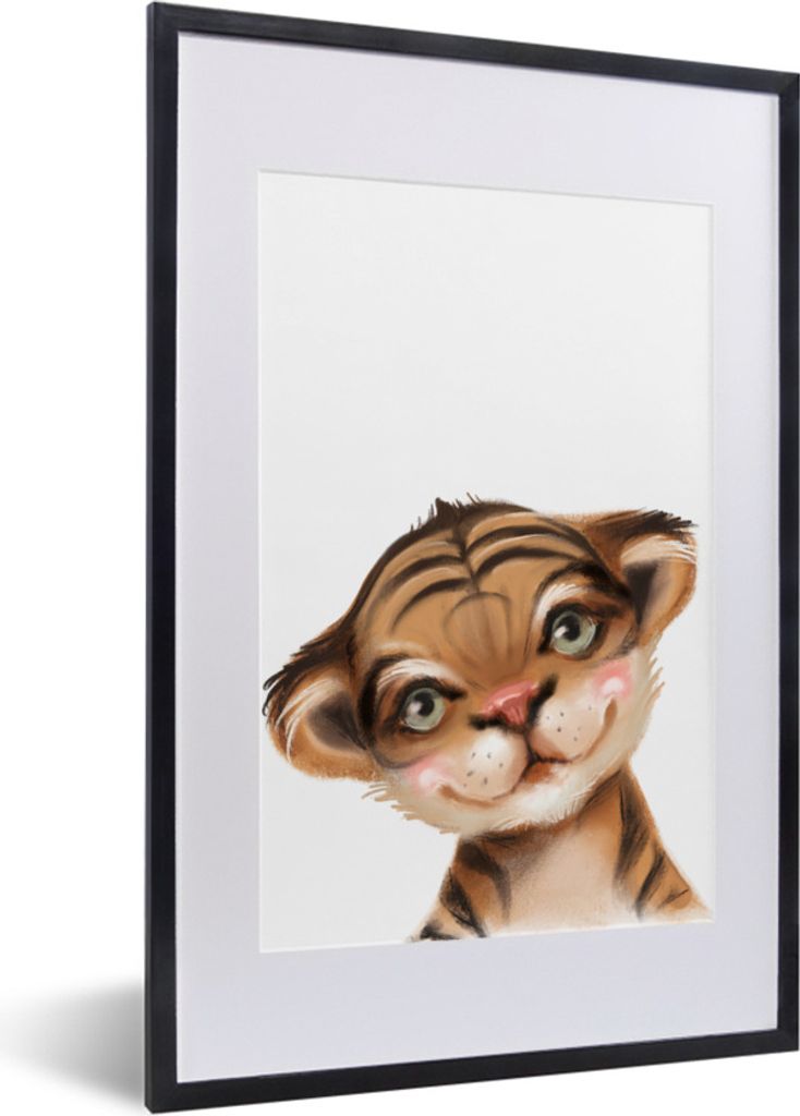 MuchoWow Gerahmtes Poster Tiger - Tier - Weiß 40x60 cm - Poster mit Schwarzem Bilderrahmen Wandposter Rahmen Foto Bilder - Poster in Rahmen