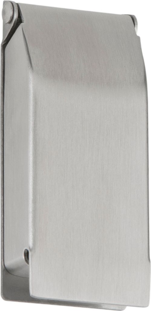 A close-up, studio shot of a silver metal cover for an electrical outlet.