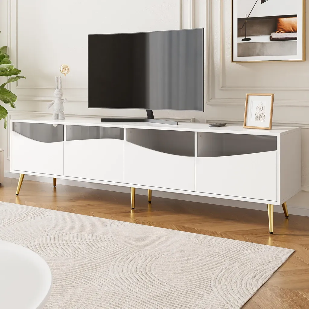 Meuble TV Design Blanc Pieds Dorés et Rétroéclairage LED Lumineux