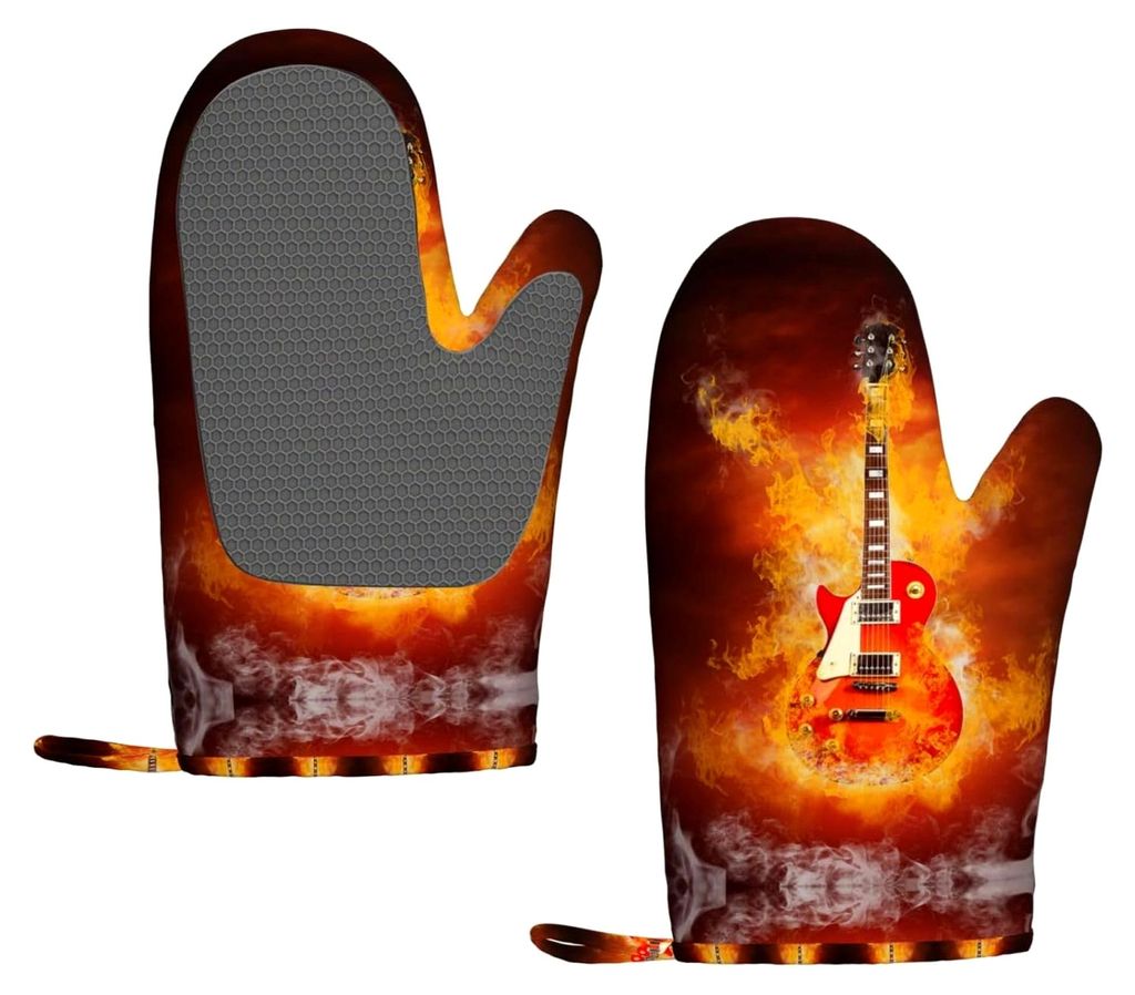 Silikon-Ofenhandschuhe, Motiv: Rockgitarre, hitzebeständig, rutschfest, für Mikrowelle, Grillen, Kochen, Backen, 2 Stück