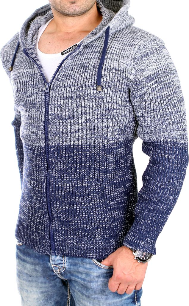 Reslad Strickjacke Herren Colorblock Kapuzen Cardigan Jacke RS-3109 Dunkelblau S