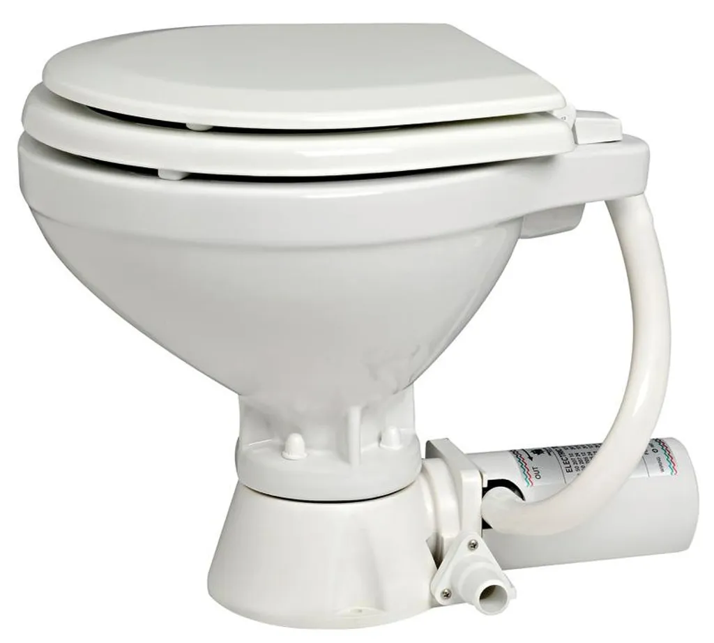 WC marin électrique 24V avec abattant en bois, modèle compact robuste