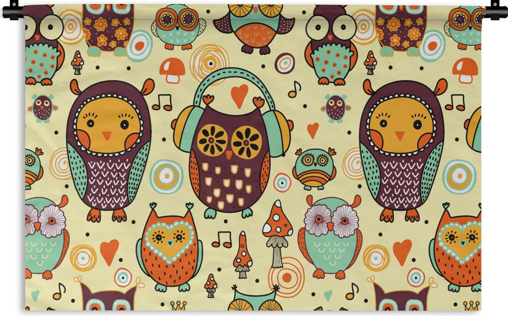 MuchoWow Wandteppich Wandbehang Eule - Kopfhörer - Muster 90x60 cm Tapisserie Dekoration Wandtuch - Wandskulpturen - Bildteppich