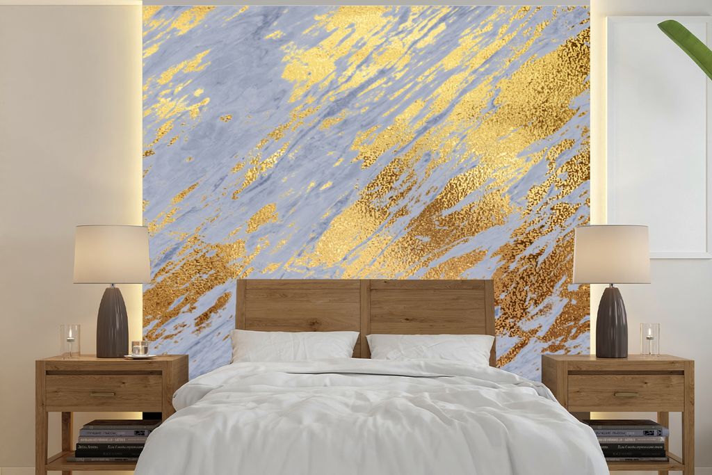 MuchoWow Fototapete für Wohnzimmer oder Schlafzimmer Wandtapete Vinyl Motivtapete Marmor - Gold - Muster - 350x350 cm - Schlafzimmertapete