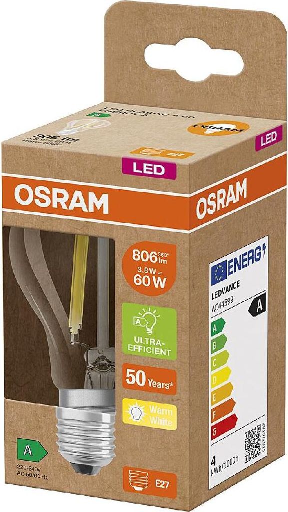 OSRAM LED fil Birne Ultra Eff. E27 4W 806 lm 3.000K svetlá Obrázok produktu 