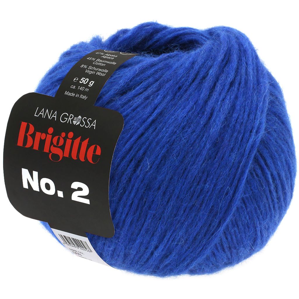A ball of blue yarn with a label attached.
