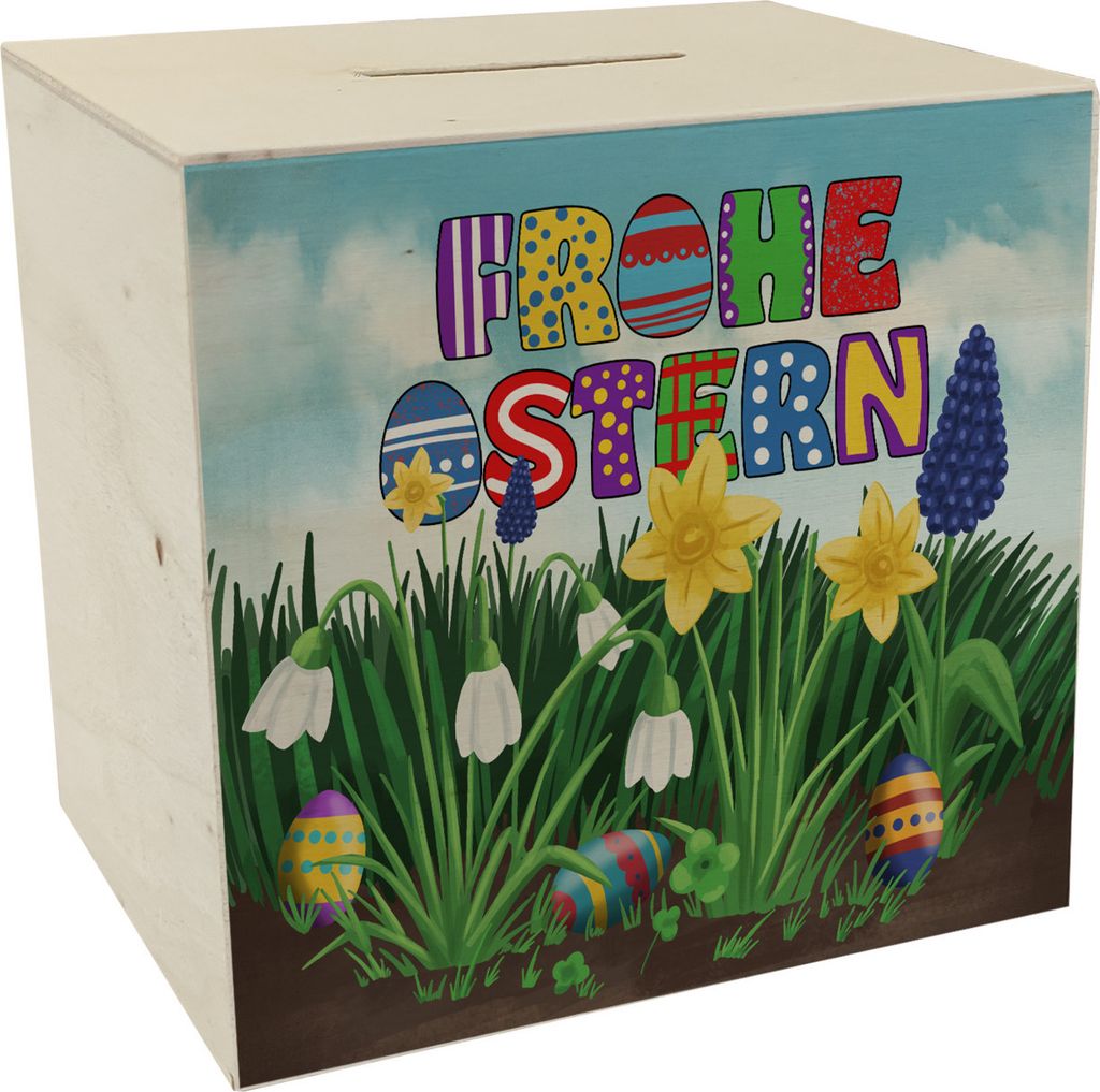 Frohe Ostern Spardose aus Holz mit Osterglocken und Schneeglöckchen