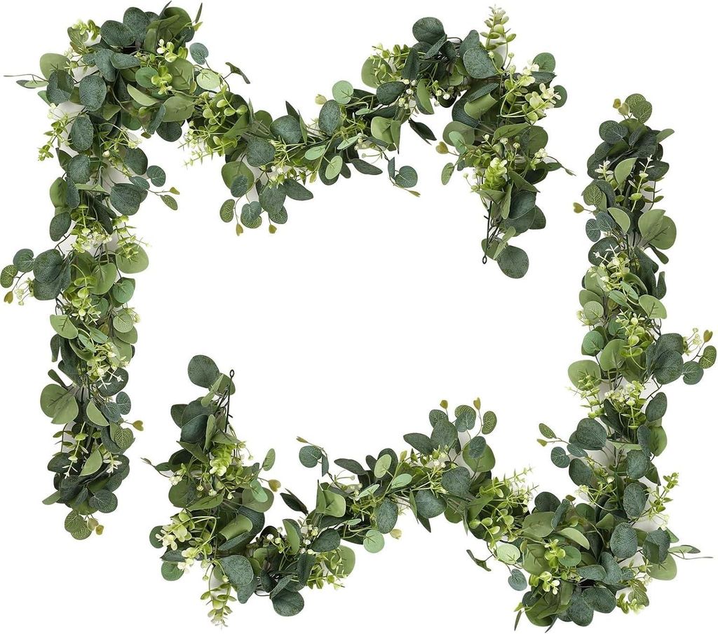2-teiliger Eukalyptuskranz, 180 cm künstlicher Kranz, hängende künstliche Pflanze, Eukalyptusranke mit grünen Blättern, weißen Blüten und si...