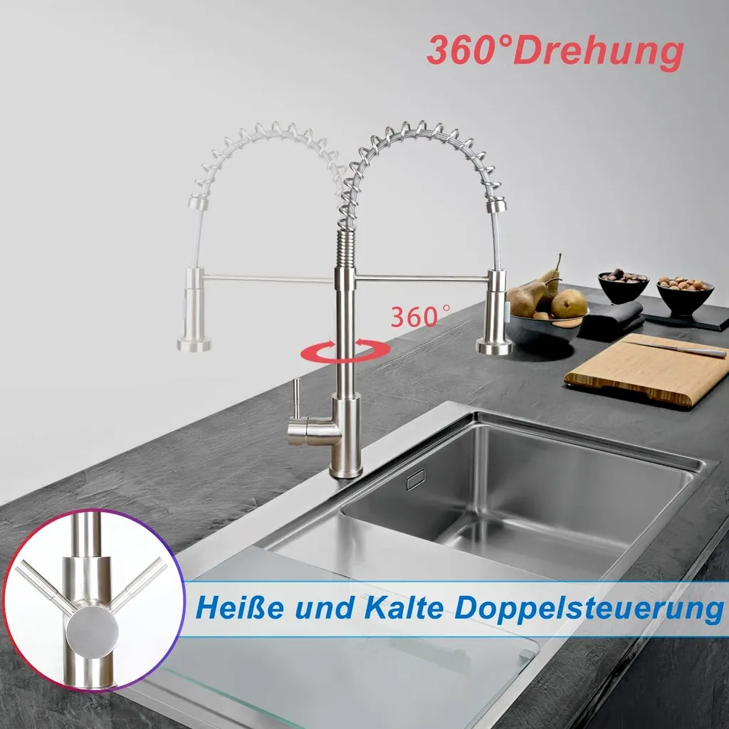 Rubinetto da cucina ZMH miscelatore ad alta pressione per cucina - rubinetto con doccia miscelatore estraibile in acciaio inox miscelatore girevole a 360° per lavello con molla a spirale - nichel spazzolato - 2