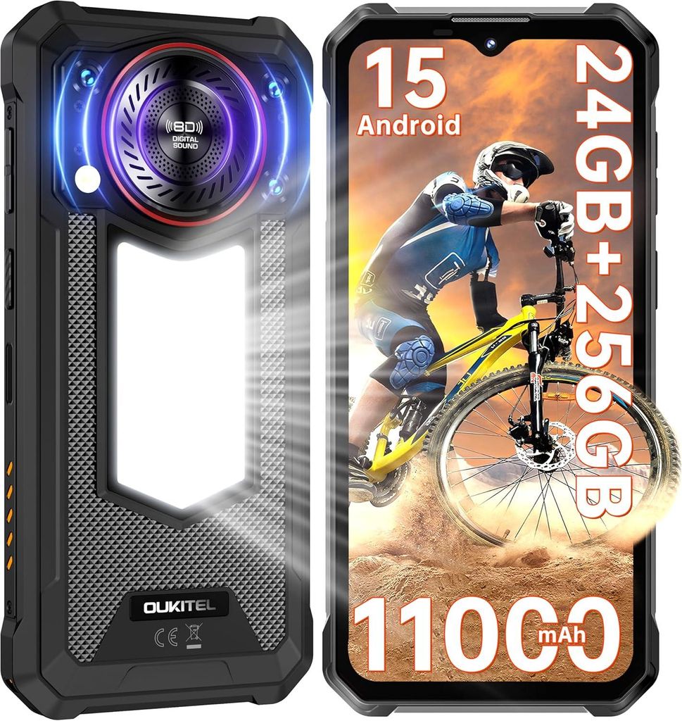 Oukitel WP53 Pro 4G Outdoor Handy Android 15, 11000mAh 128dB Lautsprecher 24GB+256GB 6,52'' FHD+ 50MP Outdoor Smartphone mit Campingleuchte, Schwarz