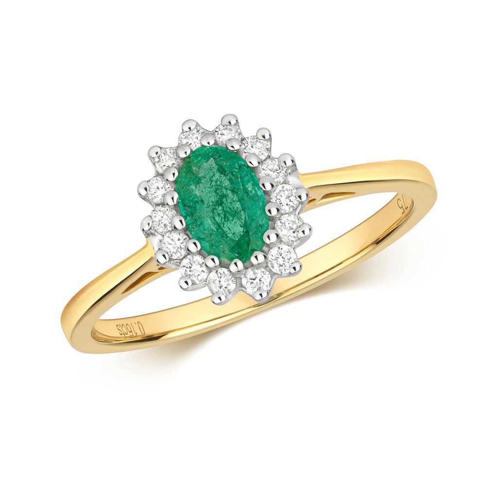 Funkelndes Feuer Edler 9 Karat (375) Gold Damen - Diamant Solitärring Brillant-Schliff 0.15 Karat H - PK2 mit Smaragd, 55 (17.5); TRS290799KYRSO
