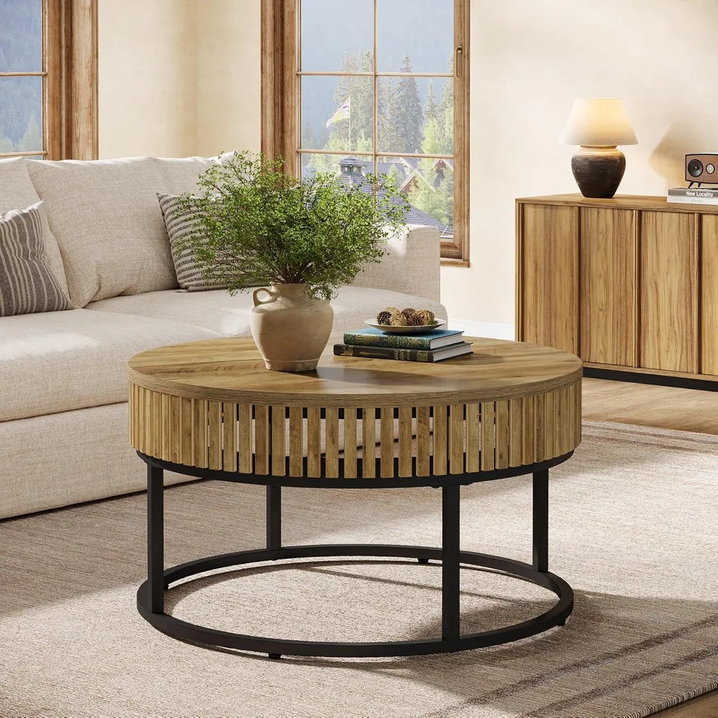 Tribesigns Table basse ronde 80 cm en bois marron clair style industriel - 6