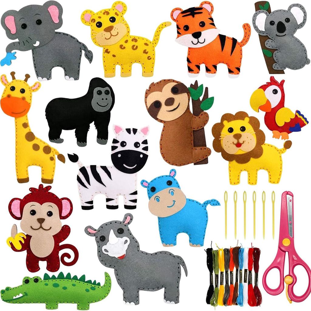 A collage of felt craft animal kits, including sewing needles, thread, and scissors.