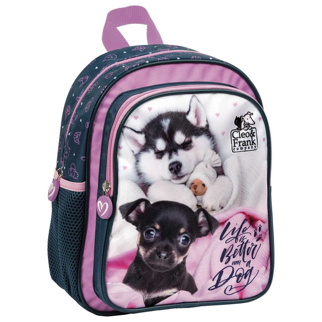 Cleo & Frank Hunde Kinder Rucksack 28 cm Kindergarten Tasche rosa blau Mädchen
