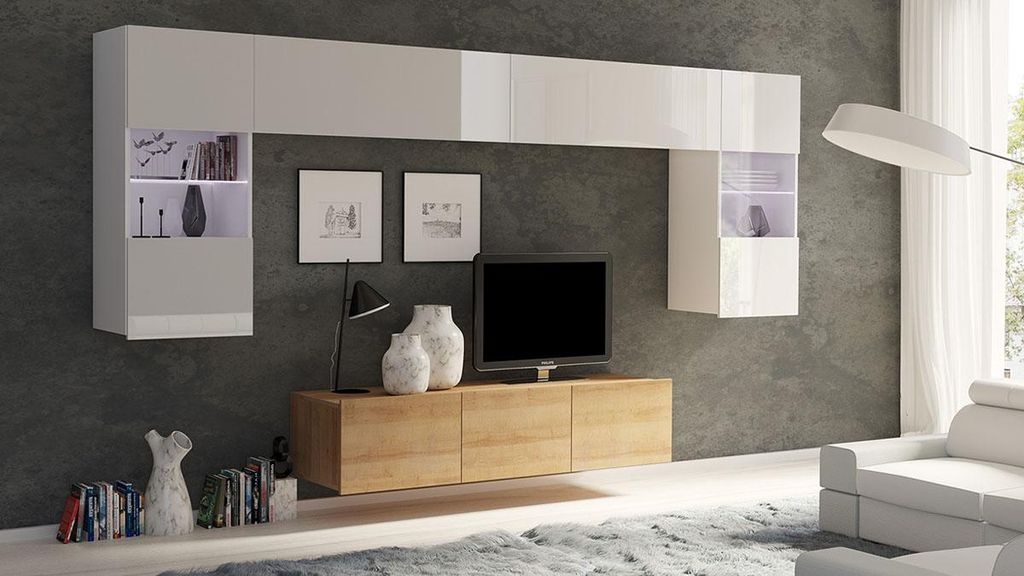 Wohnwand CALABRINI-2 Wohnzimmer-Set Hängewohnwand Schrankwand mit LED-Beleuchtung TV-Schrank Vitrine Moderne Anbauwand Hochglanz (Weiß / Eiche Gold)