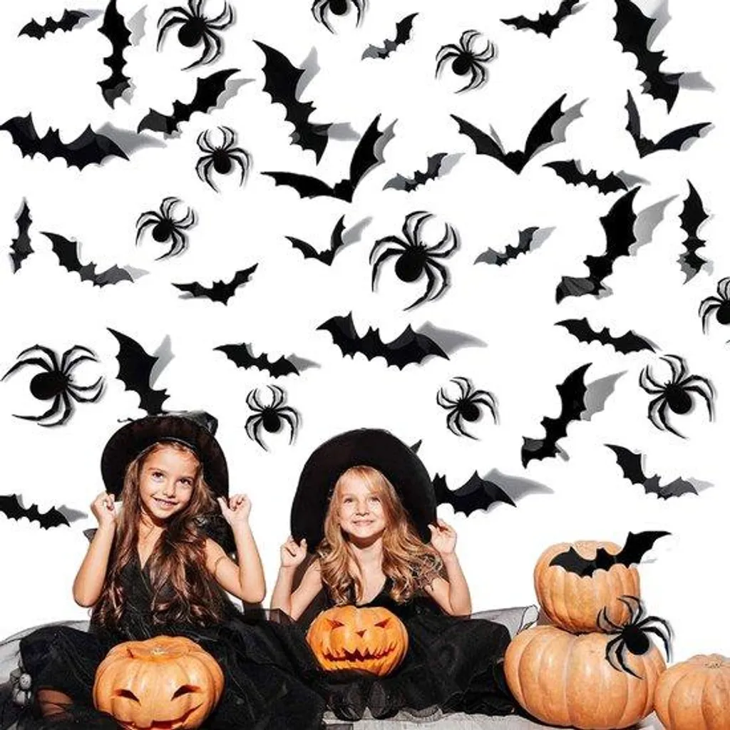 Lot Stickers Muraux 3D Noir Chauves-souris Araignées Effet Halloween