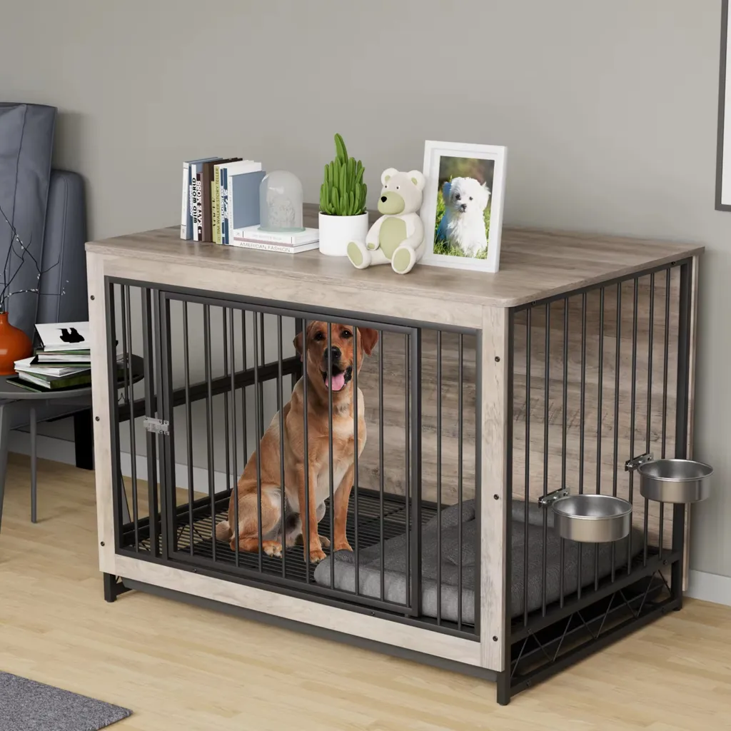 Table d'appoint cage pour chiens intérieure avec écuelles intégrées