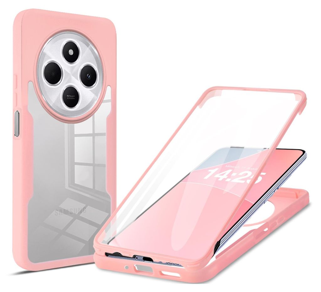 A pink and transparent phone case is shown, with one case on the left and another case with a phone inside on the right.