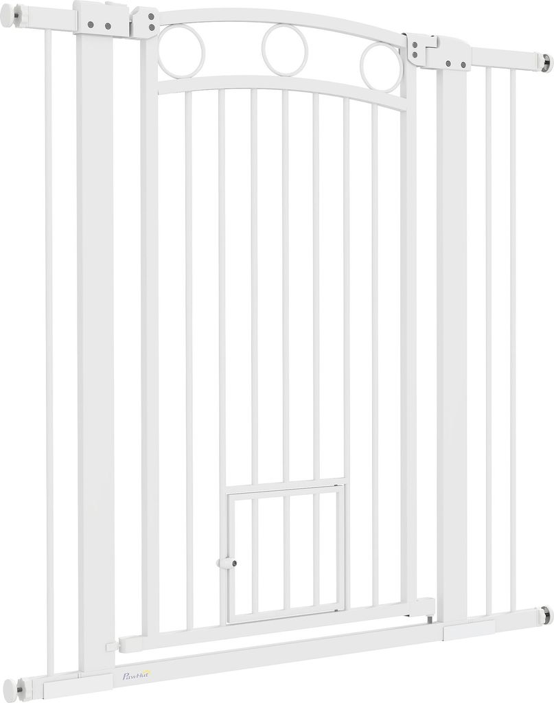 106 cm hohes Haustiergitter mit anpassbarer Breite, integrierte Katzentür, für Treppen und Türrahmen, Weiß