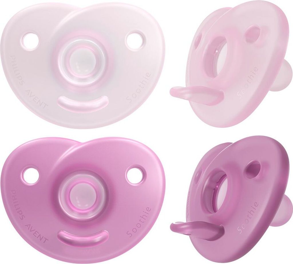 A collage of four Philips Avent Soothie pacifiers in different shades of pink.