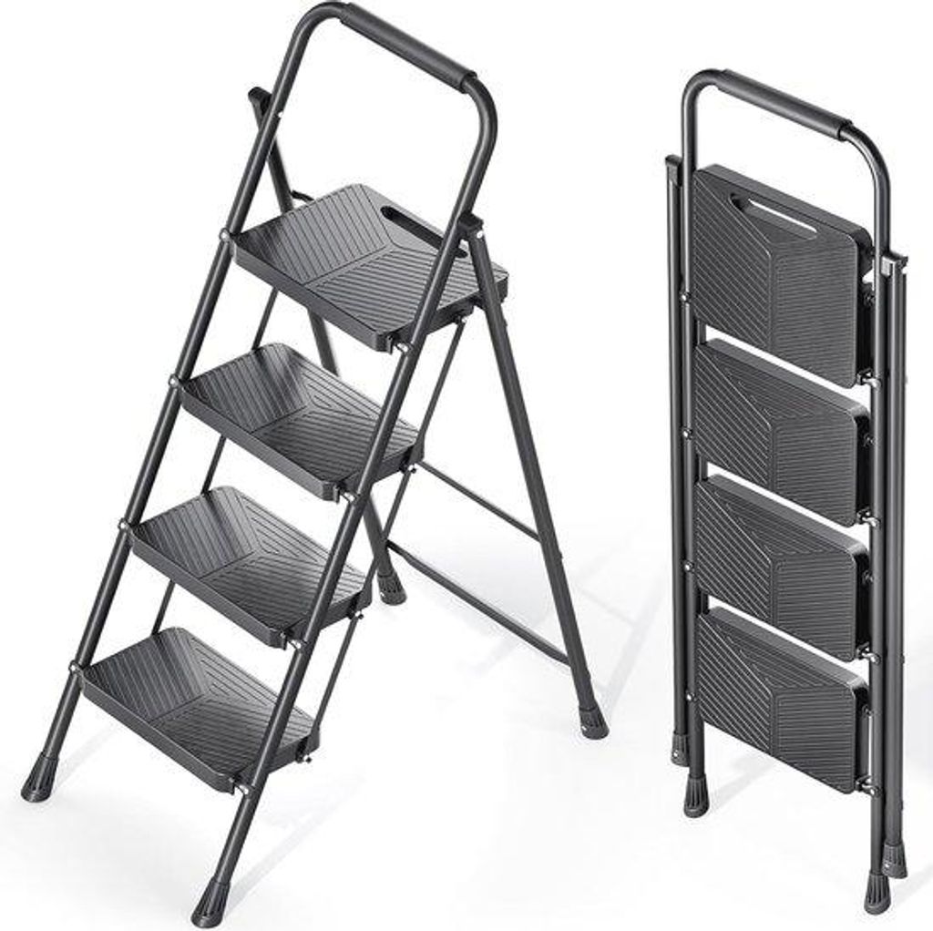 Klapbare 4-Schritt-Lesesteig mit Safe-Lock-Design - Stabile Stahl-Lesesteig bis 500 lbs mit Anti-Slip-Fuß und Handlauf für Küche und Haushalt