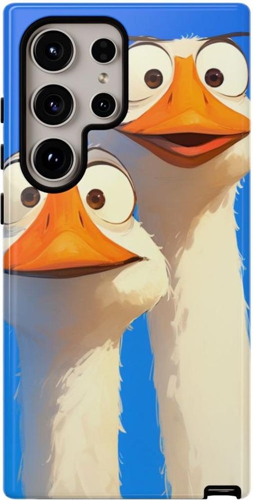 Zwei lustige Gänse mit großen Augen auf blauem Hintergrund – Hülle Kompatibel mit Samsung Galaxy S24 Ultra