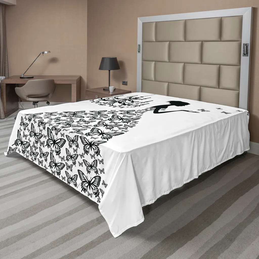 Drap de lit plat vintage ABAKUHAUS motif femme et papillons 266x260 cm