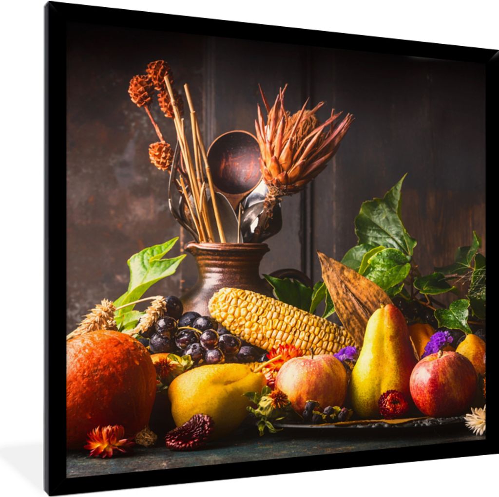 MuchoWow Gerahmtes Poster Gemüse - Obst - Rustikal - Tisch 40x40 cm - Poster mit Schwarzem Bilderrahmen Wandposter Rahmen Foto Bilder - Mit Rahm...