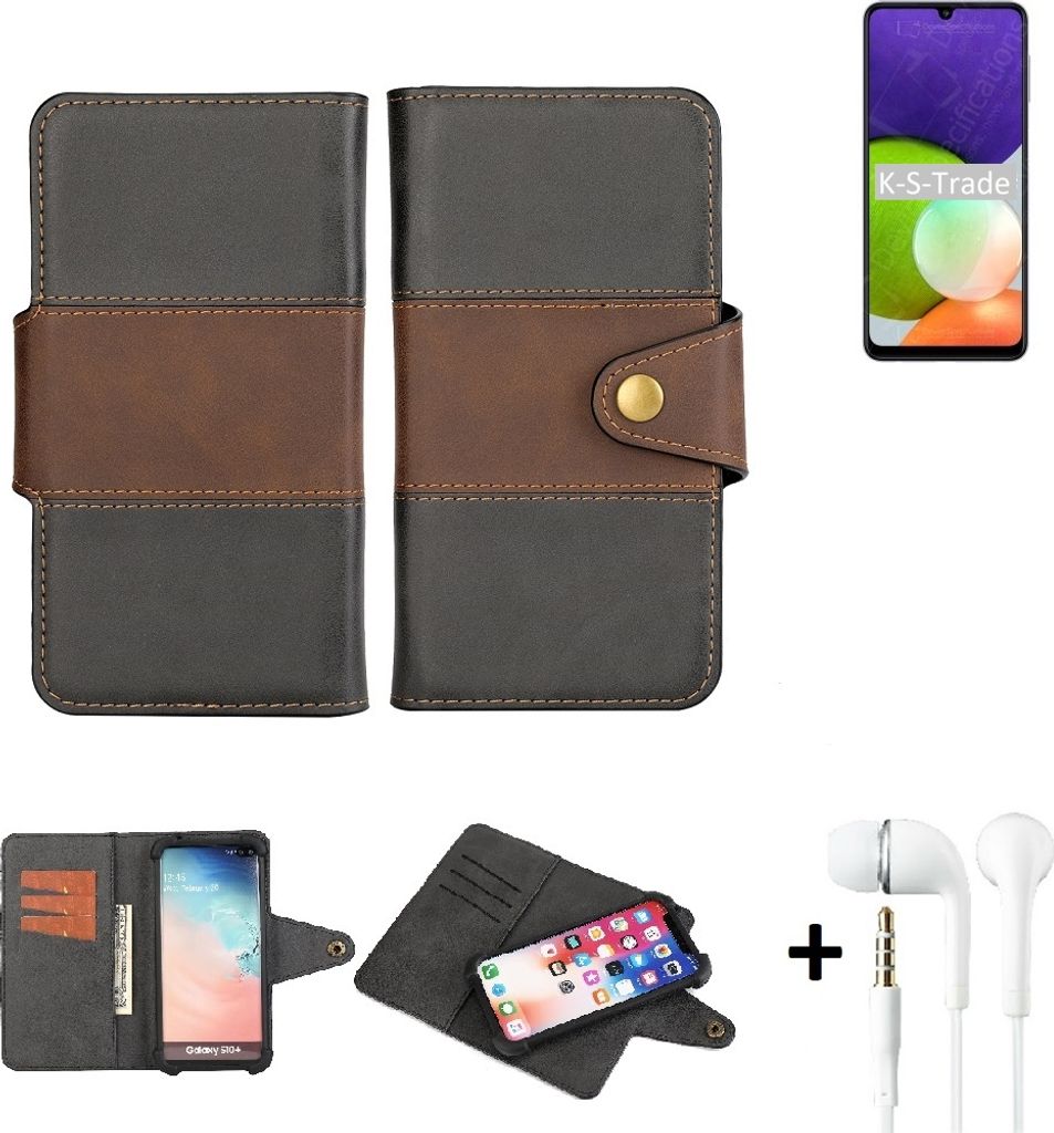 K-S-Trade Handyhülle Schutzhülle Bookstyle Wallet-Case kompatibel mit Samsung Galaxy A22 + earphones Bumper rundumschutz schwarz-braun 1x